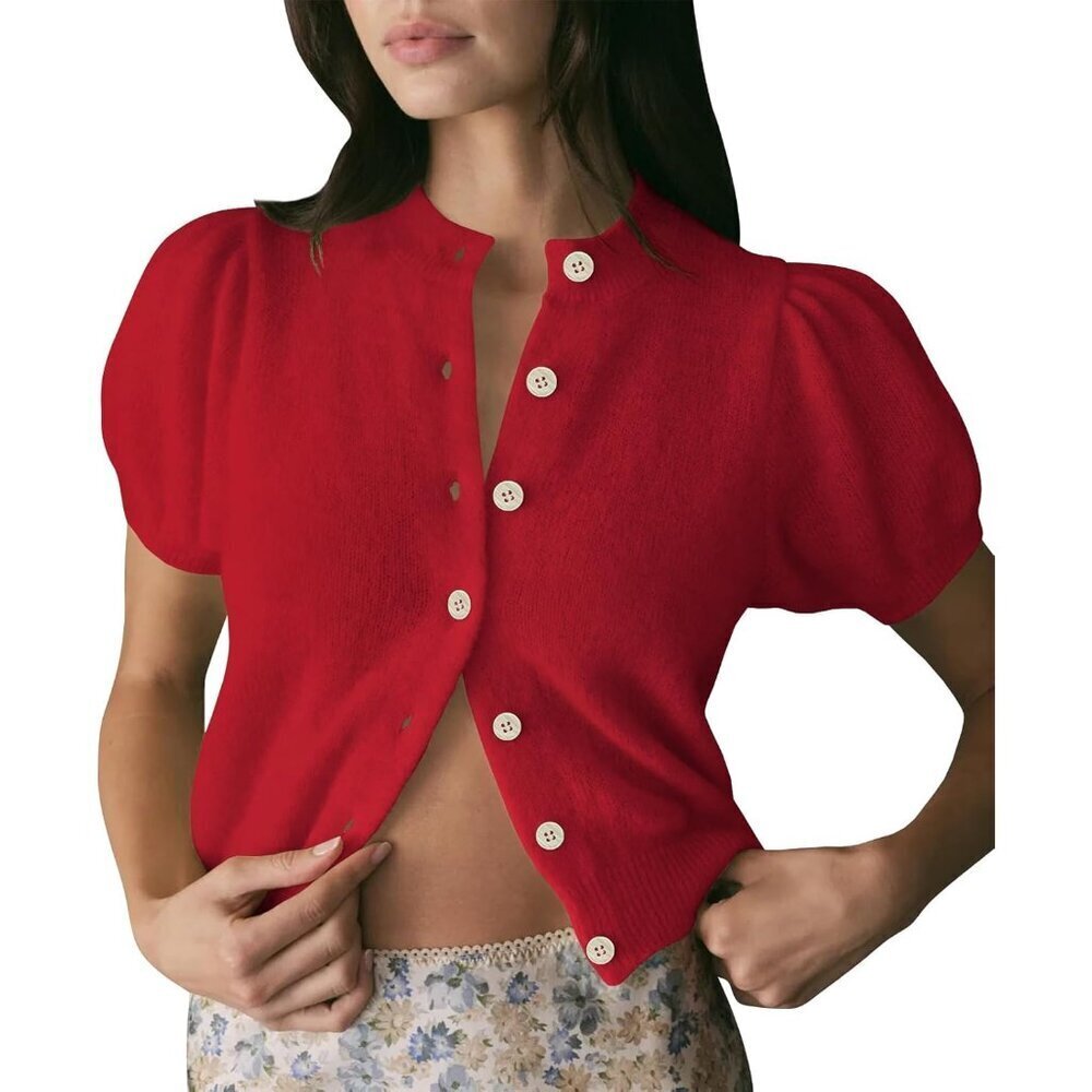 Womens Lightweight Summer Puff Sleeve Cardigan Small Casual Knit Button